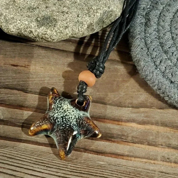 Handcrafted Artsy Circle Glazed Blue Black Porcelain Pendant Necklace - Picture 3 of 7